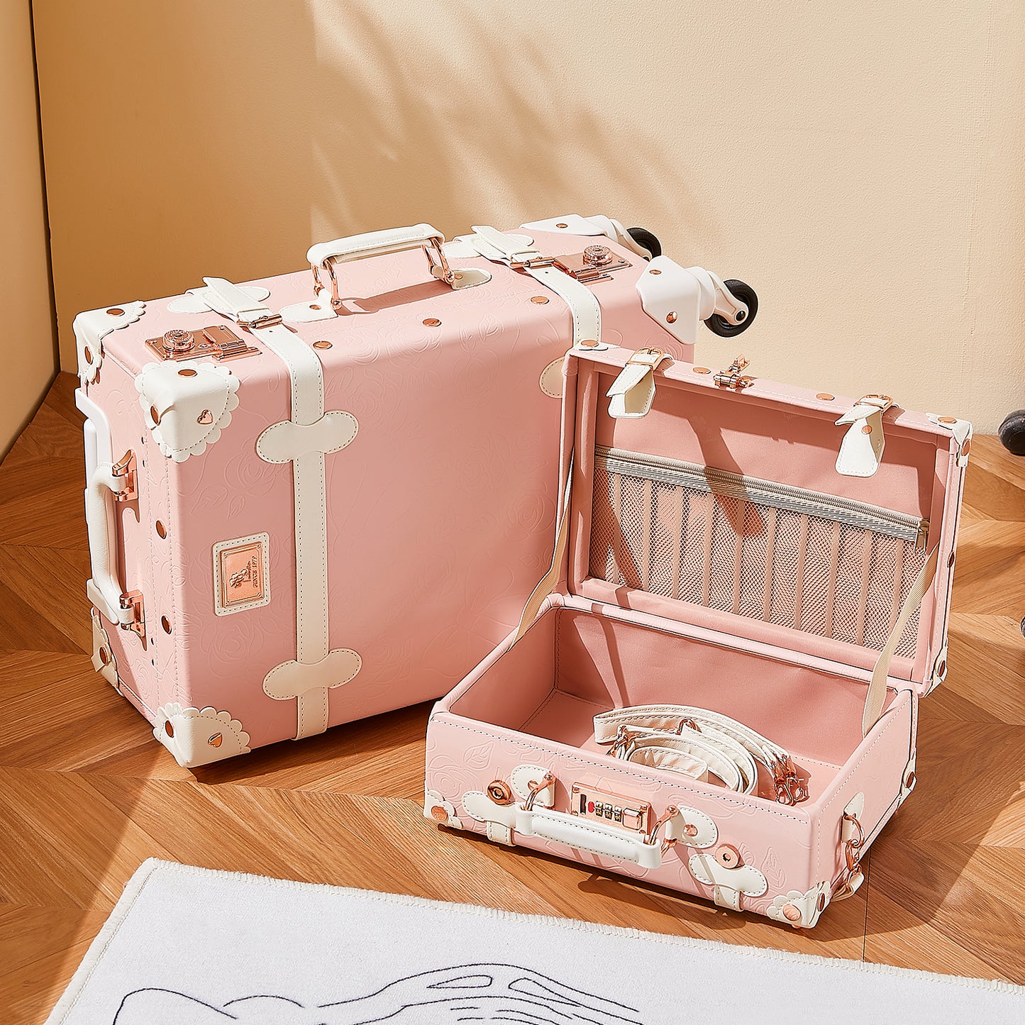 UNIWALKER Vintage Luggage Set, TSA Key Lock, Embossed Pink