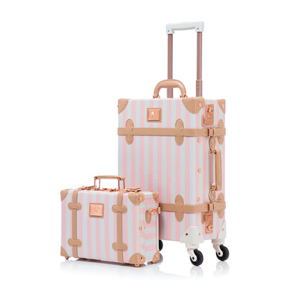 UNIWALKER 2PCS Vintage Suitcase Set for Women, Pink Strip