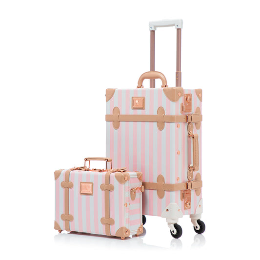 UNIWALKER 2PCS Vintage Suitcase Set for Women, Pink Strip