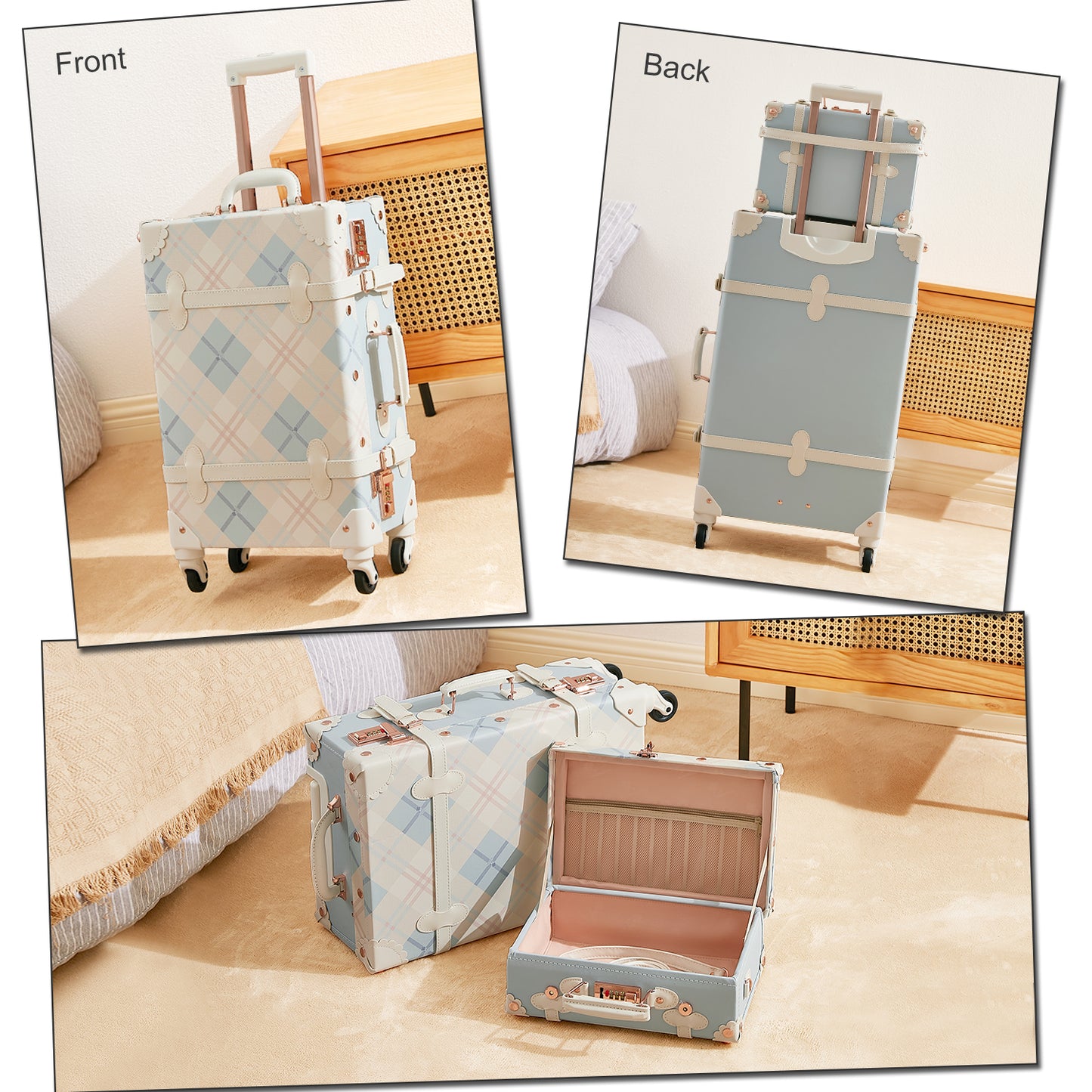 UNIWALKER Vintage Luggage Set, Combination Lock, Blue Plaid