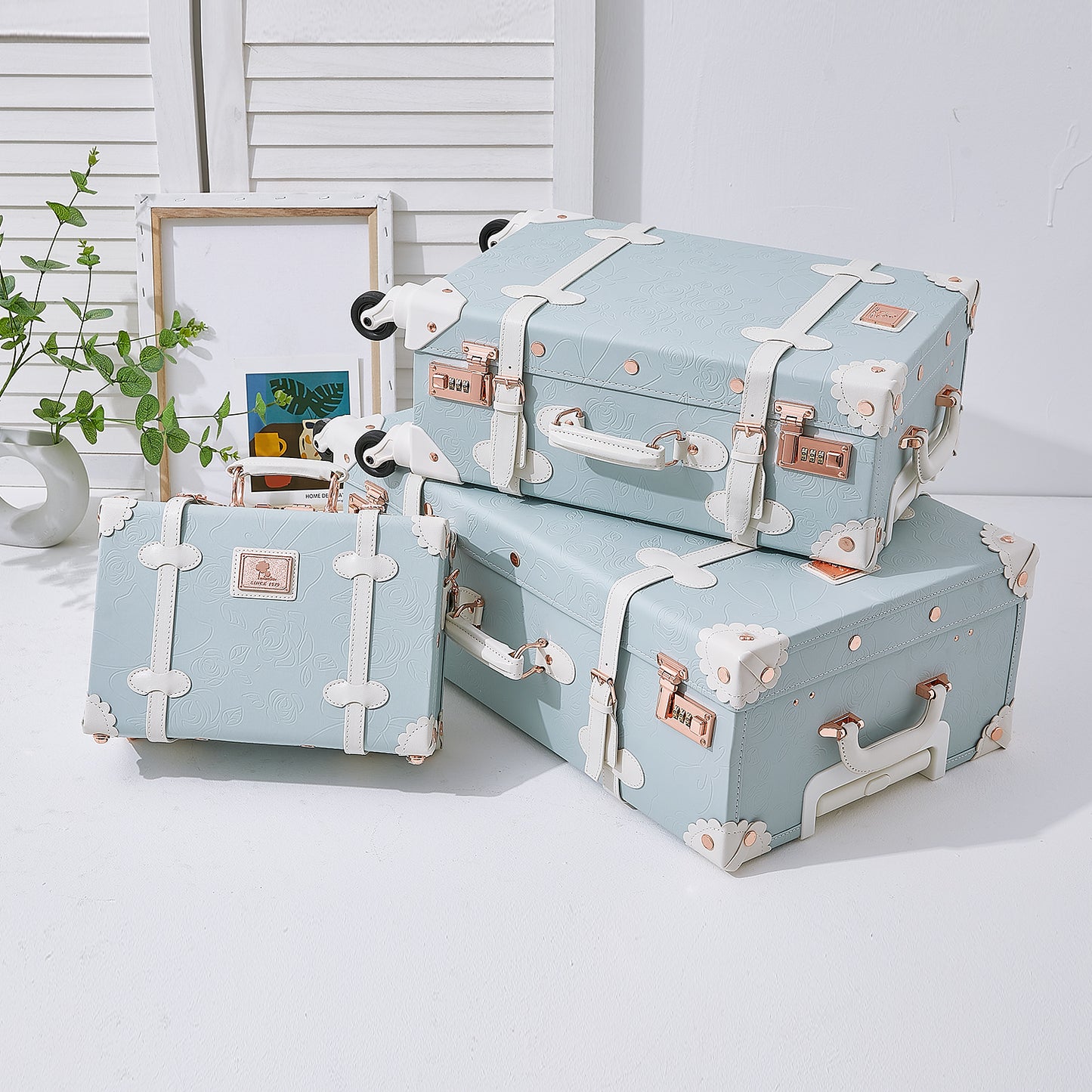 UNIWALKER Vintage Luggage Set, Combination Lock, Embossed Blue