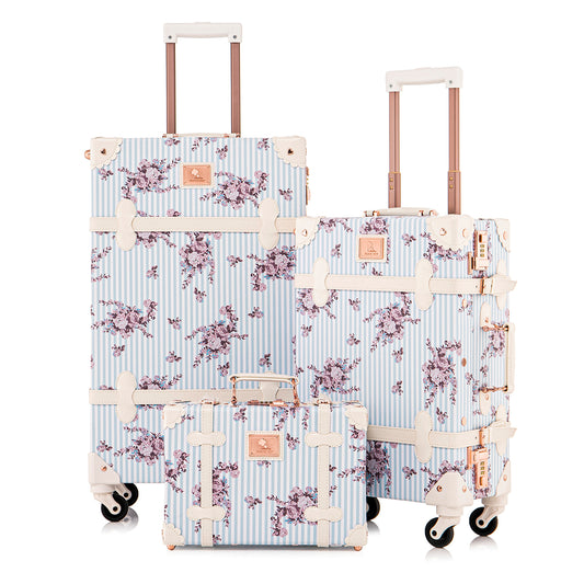 UNIWALKER Vintage Luggage Set, Combination Lock, Blue Floral