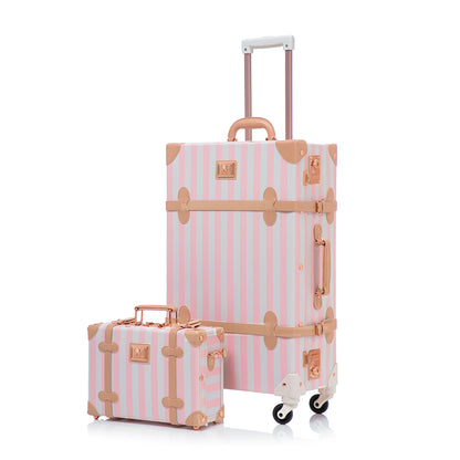 UNIWALKER 2PCS Vintage Suitcase Set for Women, Pink Strip