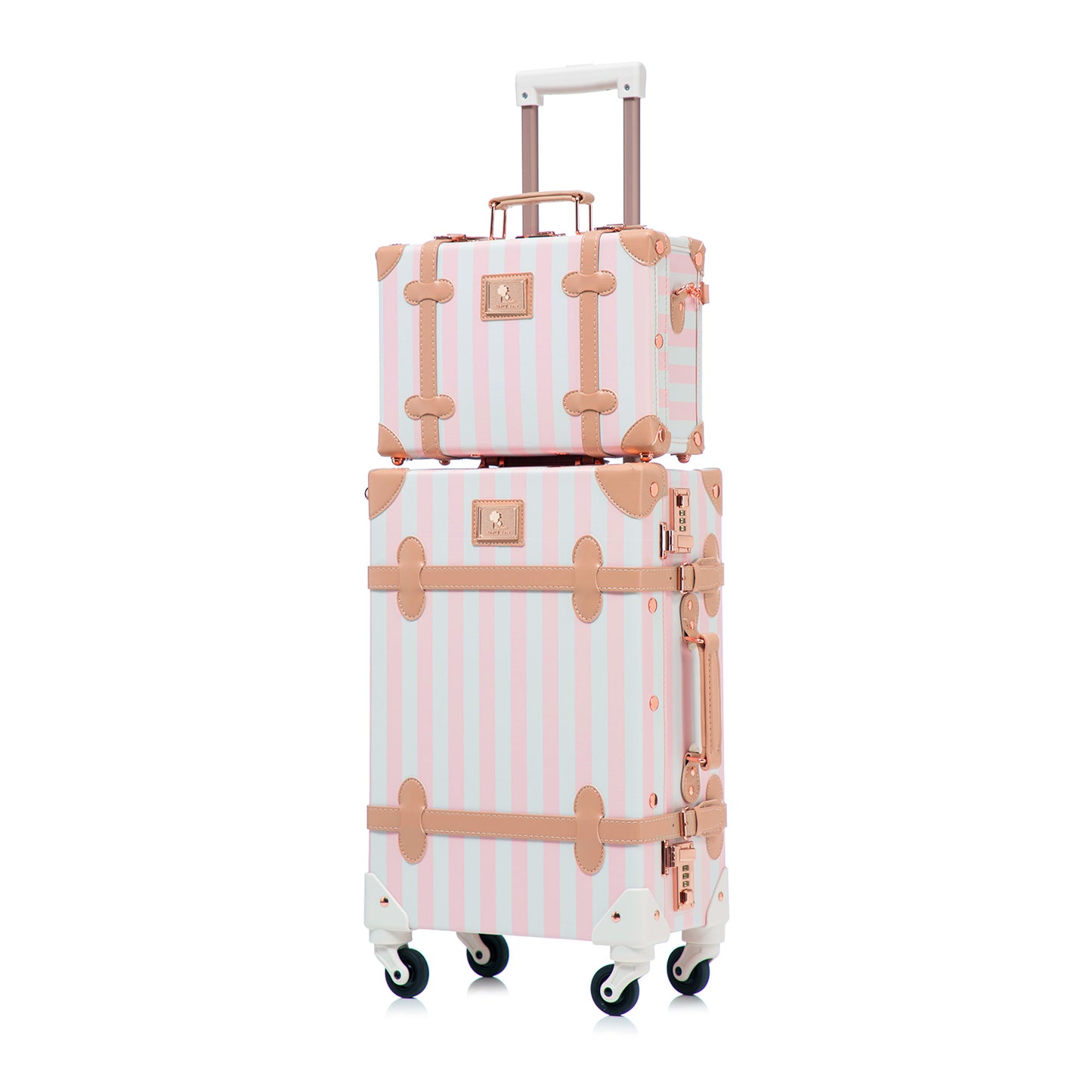 UNIWALKER 2PCS Vintage Suitcase Set for Women, Pink Strip