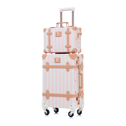 UNIWALKER 2PCS Vintage Suitcase Set for Women, Pink Strip