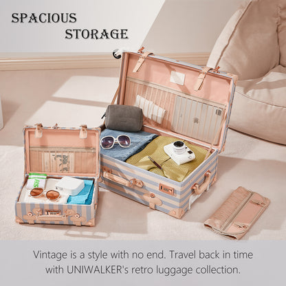 UNIWALKER Vintage Luggage Set, Combination Lock, Blue Strip