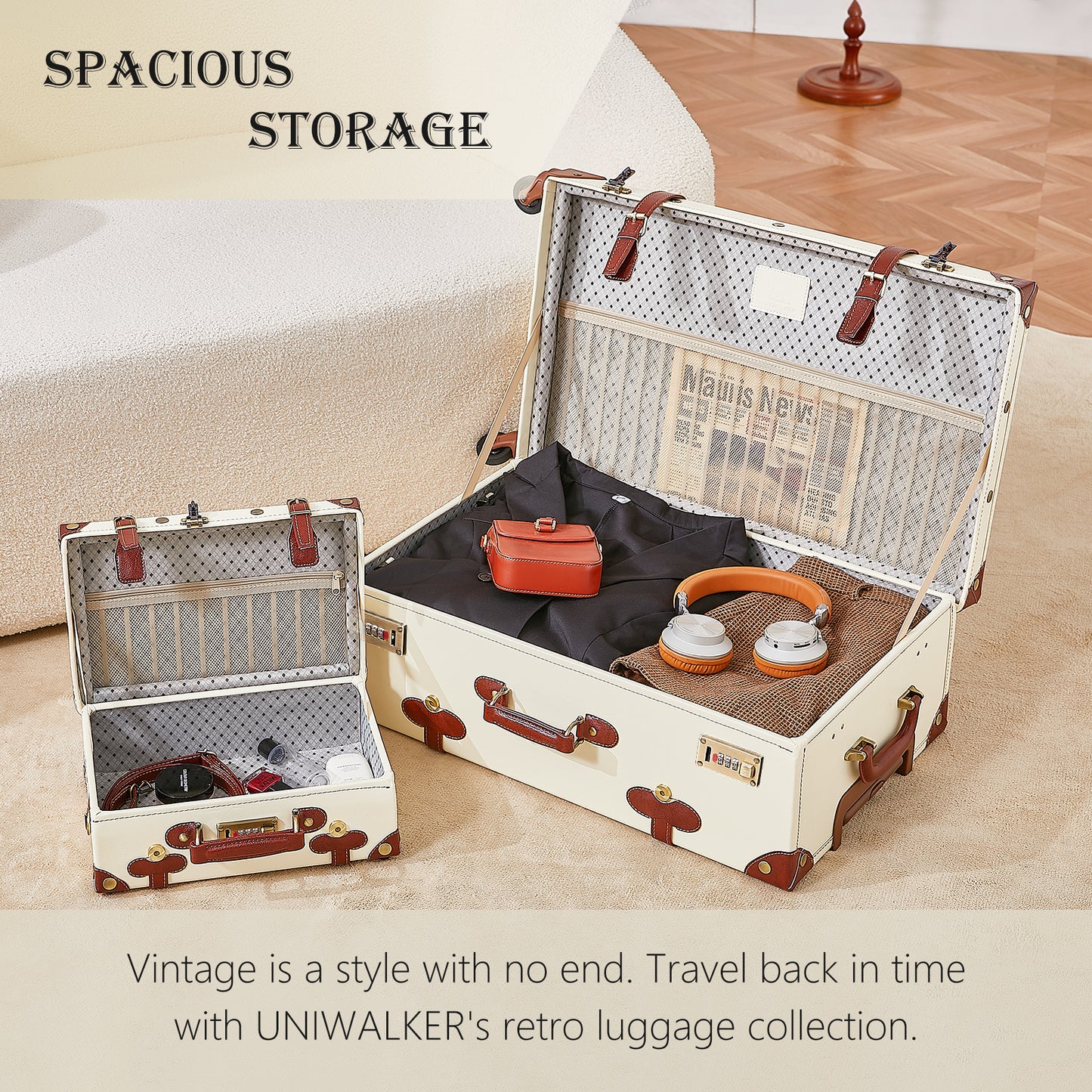 UNIWALKER Vintage Luggage Set, Combination Lock, Beige