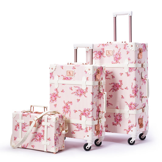 UNIWALKER Vintage Luggage Set, TSA Key Lock, Pink Floral