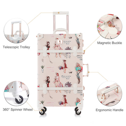 UNIWALKER Vintage Luggage Set, Combination Lock, Fashion Girl
