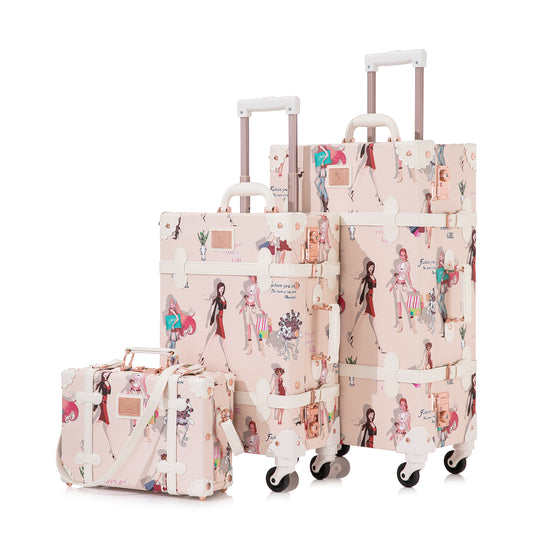 UNIWALKER Vintage Luggage Set, TSA Key Lock, Fashion Girl