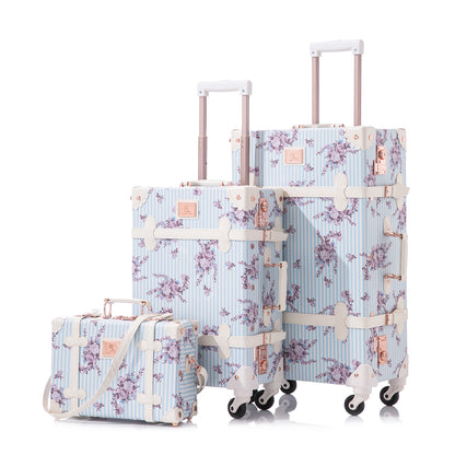UNIWALKER Vintage Luggage Set, TSA Key Lock, Blue Floral