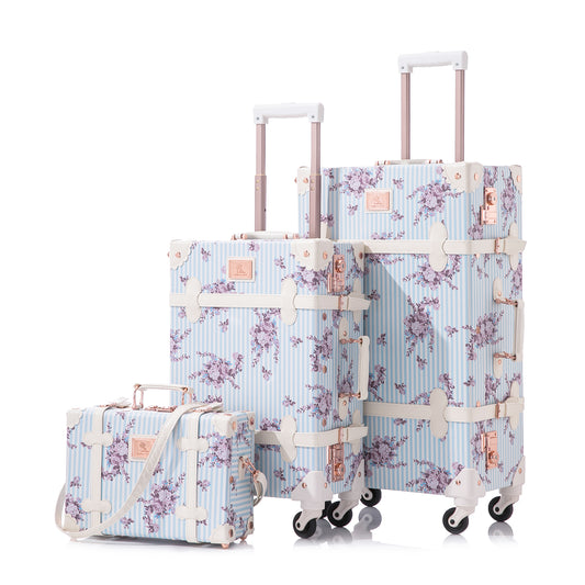 UNIWALKER Vintage Luggage Set, TSA Key Lock, Blue Floral