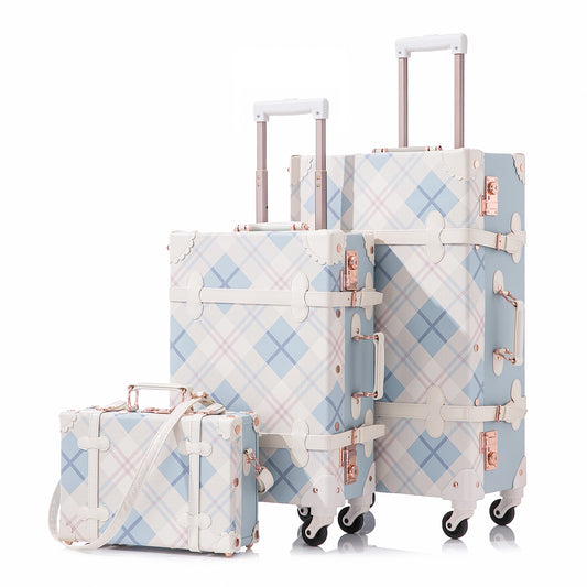 UNIWALKER Vintage Luggage Set, TSA Key Lock, Blue Plaid