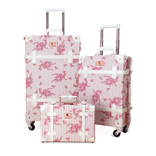 UNIWALKER Vintage Luggage Set, Combination Lock, Pink Floral