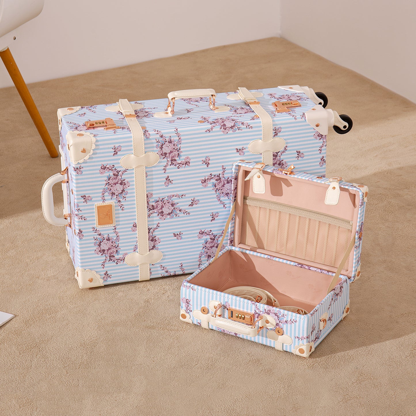UNIWALKER Vintage Luggage Set, Combination Lock, Blue Floral