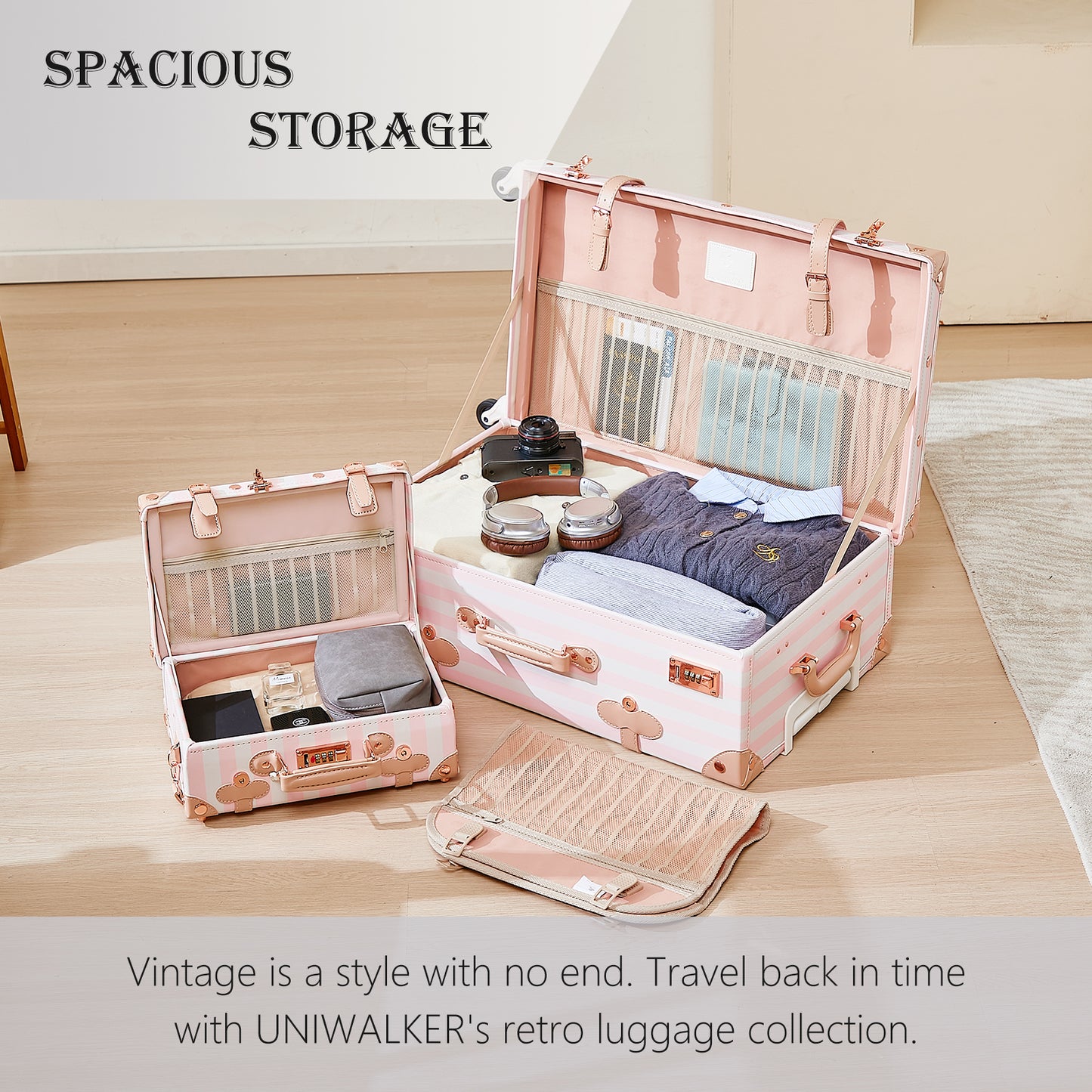 UNIWALKER 3PCS Vintage Suitcase Set for Women, Pink Strip