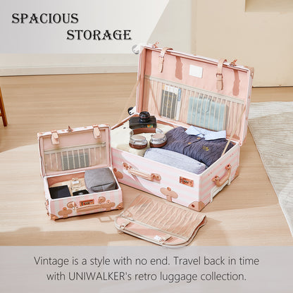 UNIWALKER 3PCS Vintage Suitcase Set for Women, Pink Strip
