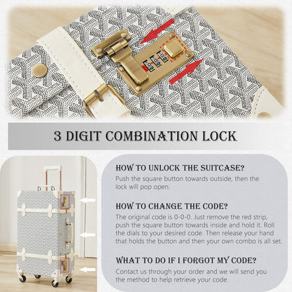 UNIWALKER Vintage Luggage Set, Combination Lock, Geometry White