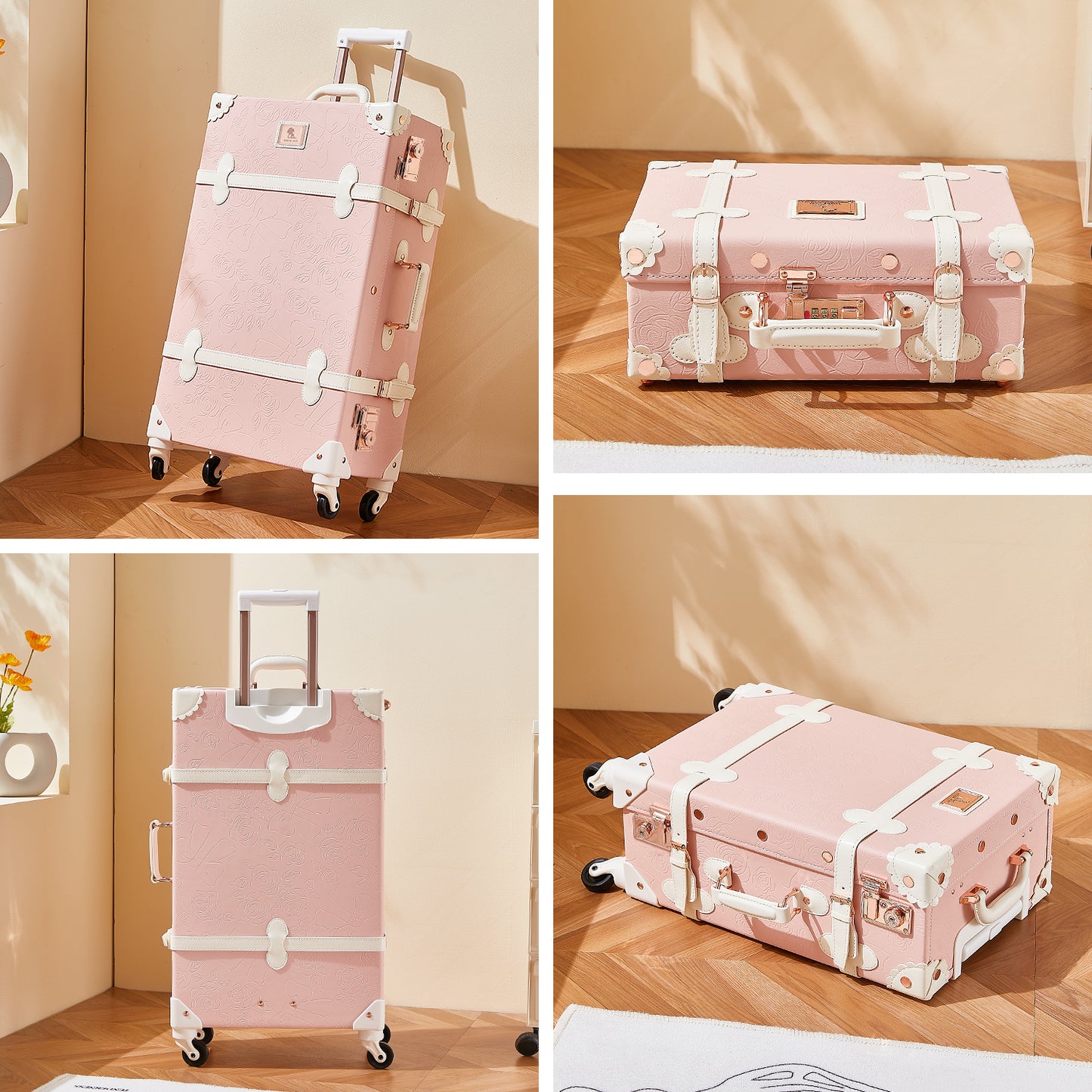 UNIWALKER Vintage Luggage Set, TSA Key Lock, Embossed Pink