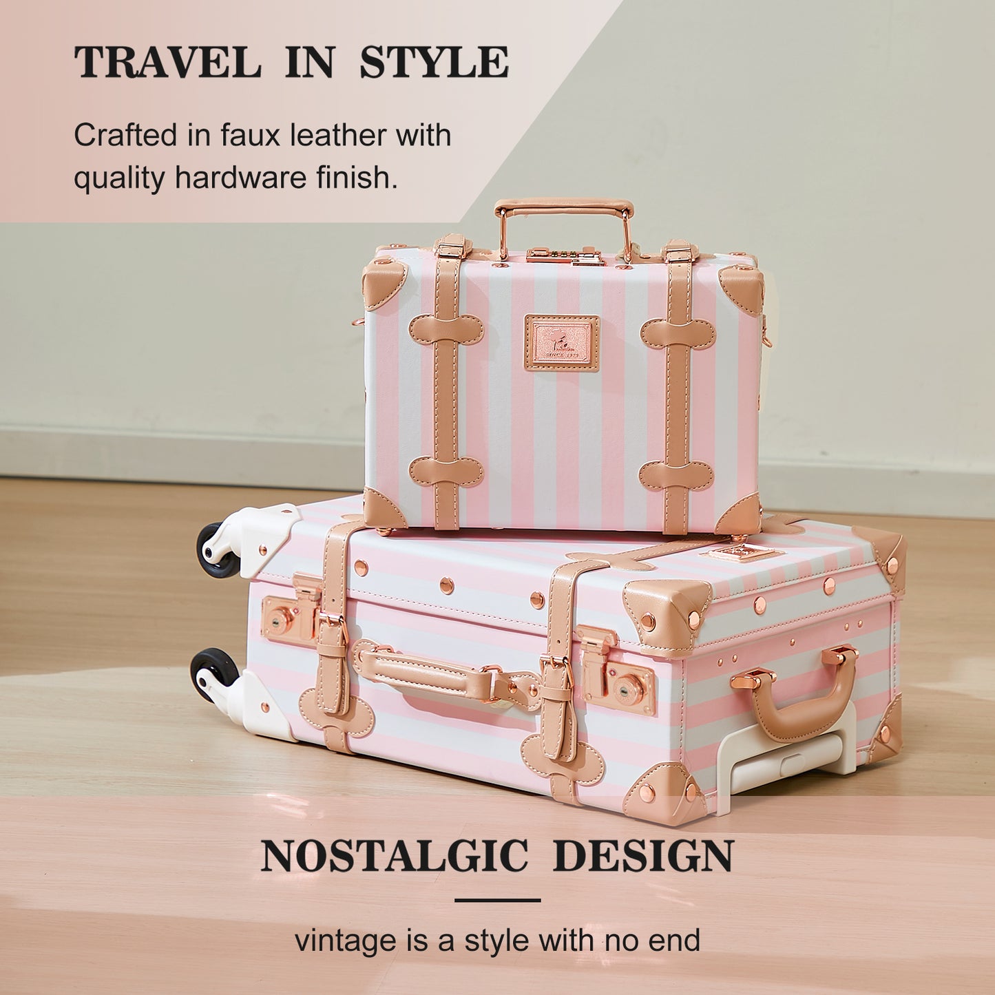 UNIWALKER 1PCS Vintage Suitcase for Women, Pink Strip
