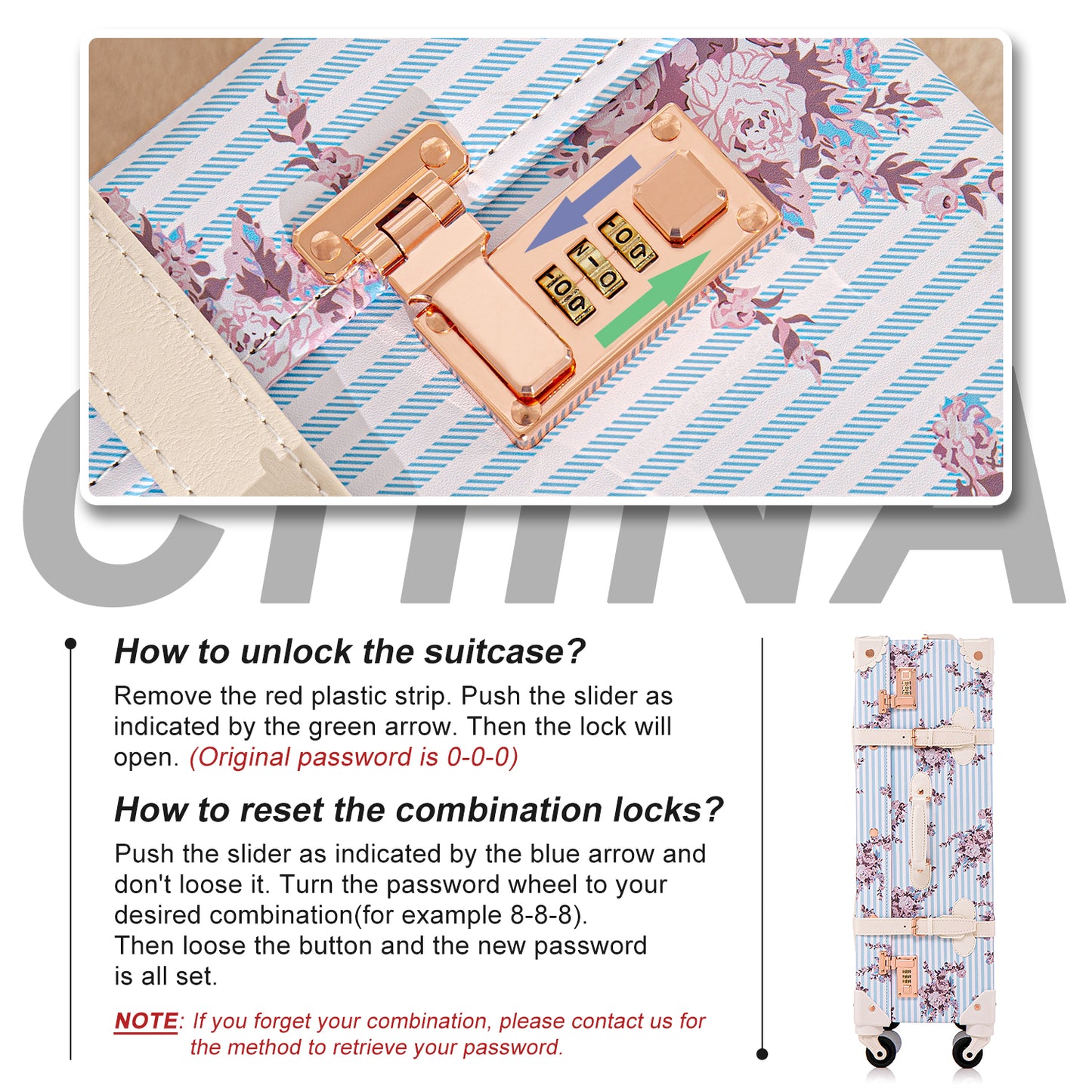 UNIWALKER Vintage Luggage Set, Combination Lock, Blue Floral