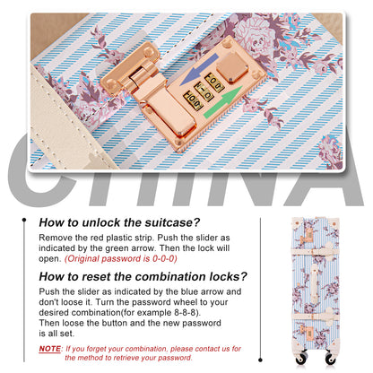 UNIWALKER Vintage Luggage Set, Combination Lock, Blue Floral