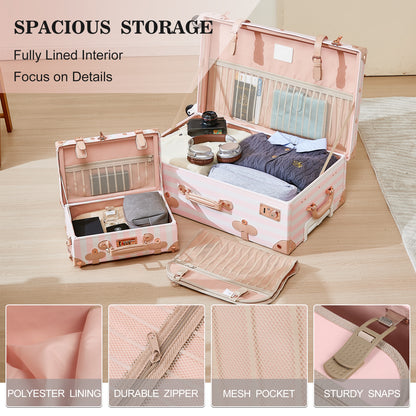 UNIWALKER 2PCS Vintage Suitcase Set for Women, Pink Strip