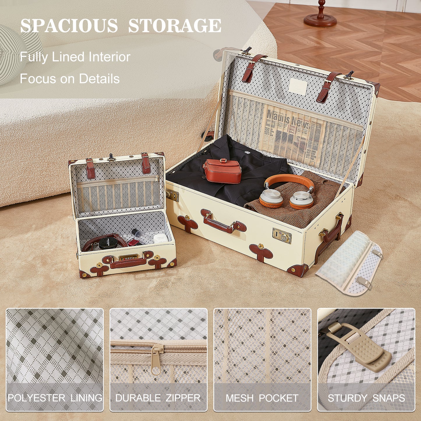 UNIWALKER Vintage Luggage Set, TSA Key Lock, Beige