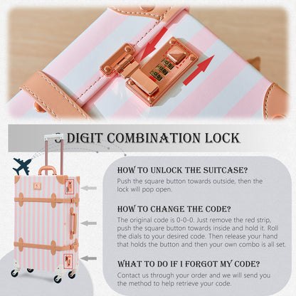 UNIWALKER 3PCS Vintage Suitcase Set for Women, Pink Strip