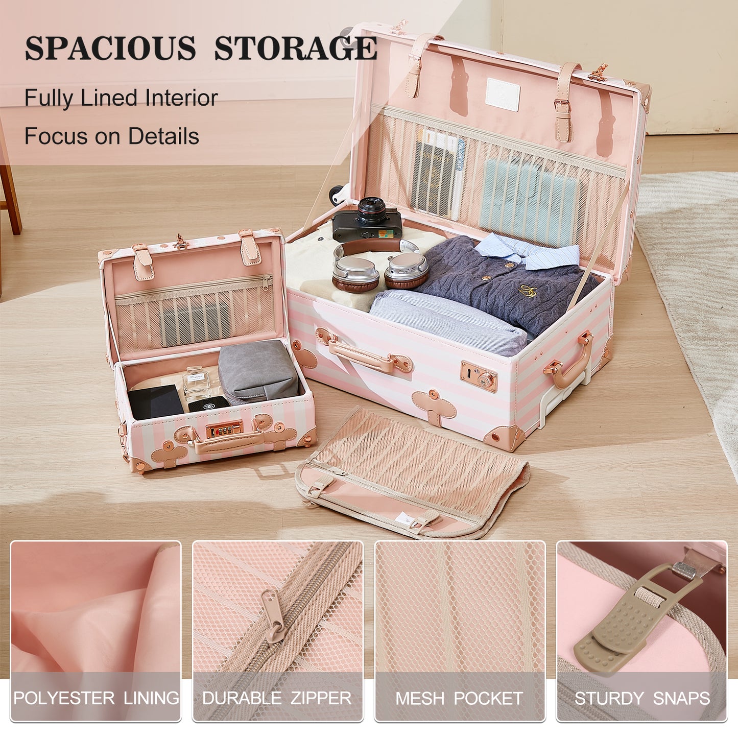 UNIWALKER 1PCS Vintage Suitcase for Women, Pink Strip