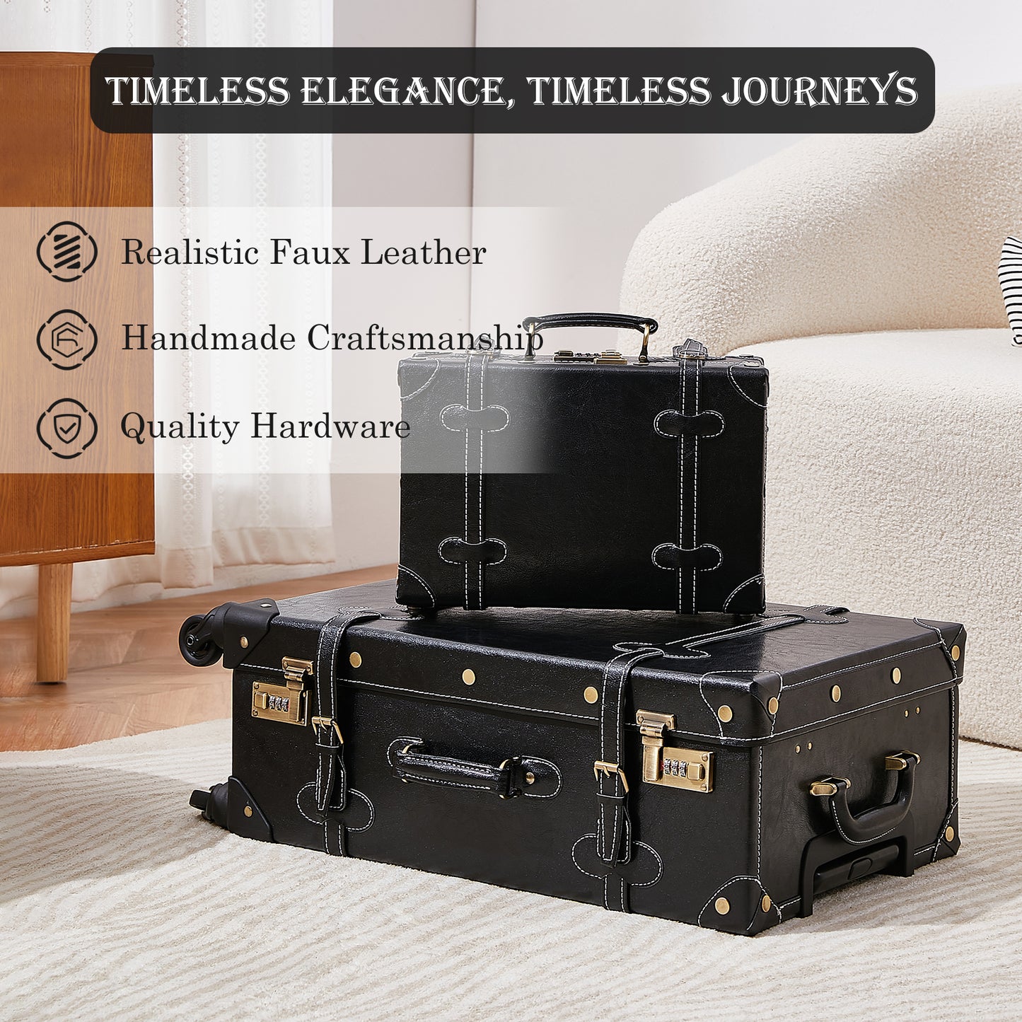 UNIWALKER 2PCS Vintage Suitcase Set for Women, Black