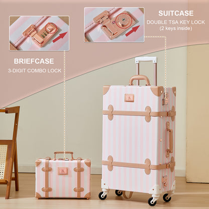 UNIWALKER 2PCS Vintage Suitcase Set for Women, Pink Strip