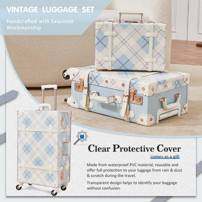 UNIWALKER Vintage Luggage Set, TSA Key Lock, Blue Plaid