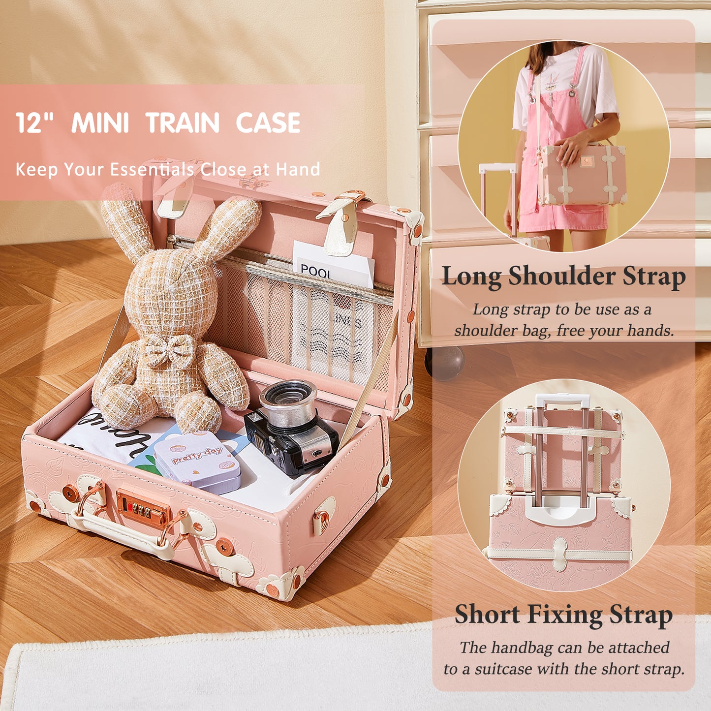 UNIWALKER Vintage Luggage Set, TSA Key Lock, Embossed Pink