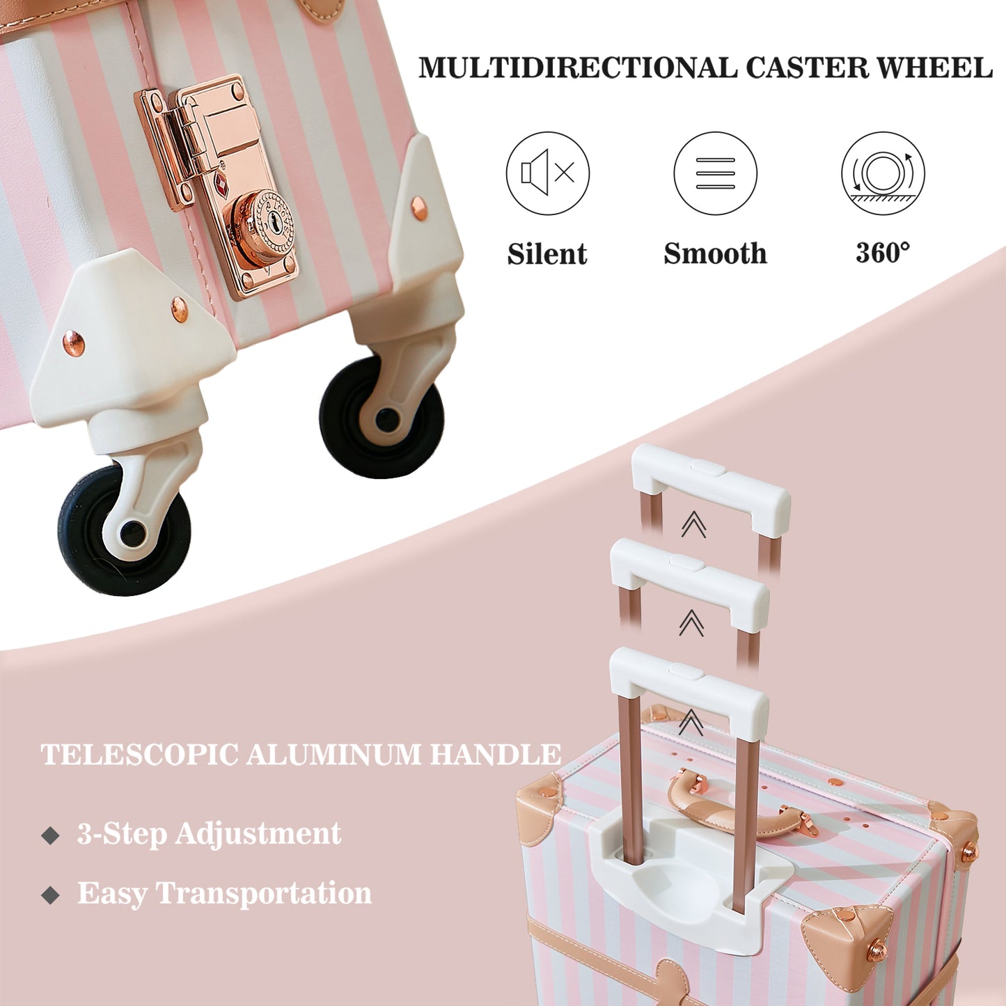 UNIWALKER 2PCS Vintage Suitcase Set for Women, Pink Strip