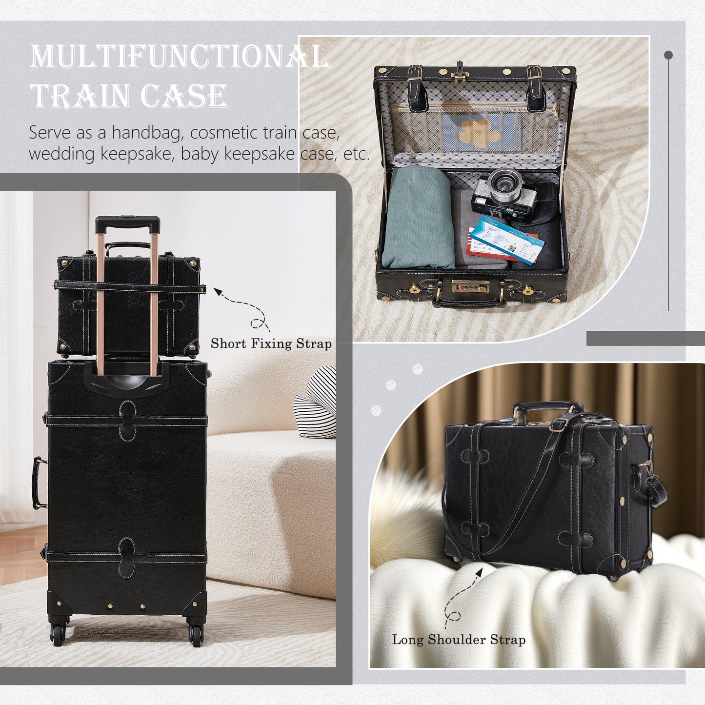 UNIWALKER Vintage Luggage Set, Combination Lock, Black