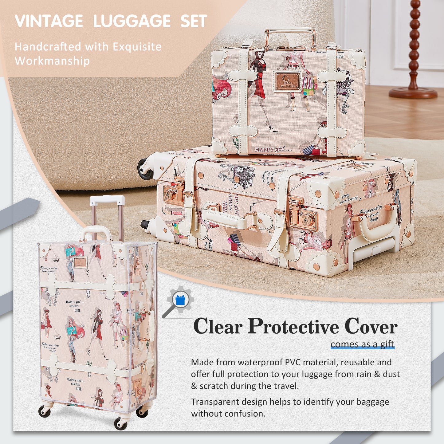 UNIWALKER Vintage Luggage Set, TSA Key Lock, Fashion Girl