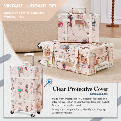 UNIWALKER Vintage Luggage Set, TSA Key Lock, Fashion Girl
