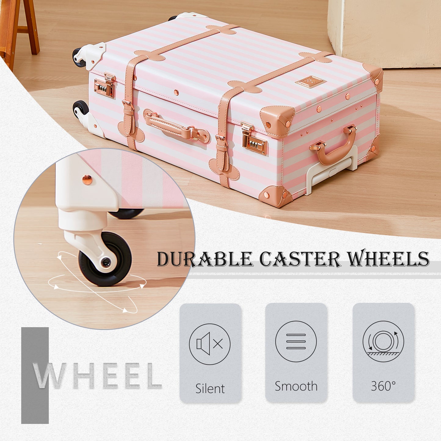 UNIWALKER 3PCS Vintage Suitcase Set for Women, Pink Strip