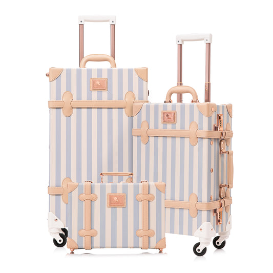 UNIWALKER Vintage Luggage Set, Combination Lock, Blue Strip
